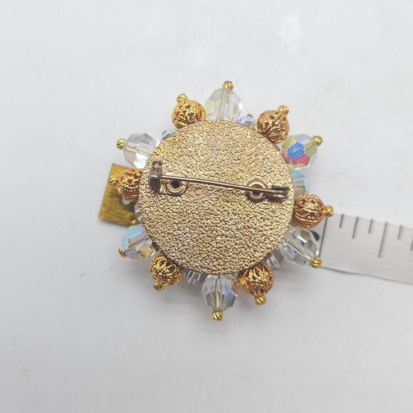 Vintage Gold Tone Filigree Bead AB Glass Crystal Bead Floral Brooch Pin - Picture 4 of 4